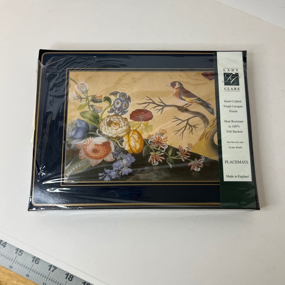 4 Lady Clare Handcrafted Laquer Finish Placemats 9 x 12" NIP Samuel Dixon Birds